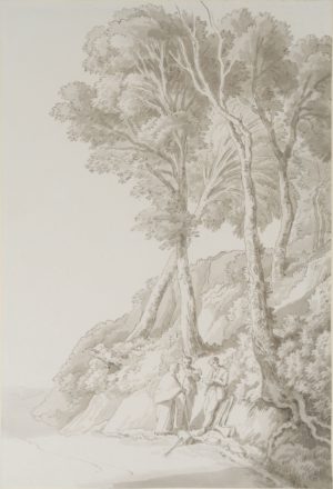 Image of 'Woodcutters on a path by tall trees'