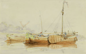 Image of 'Boats moored near windmill'